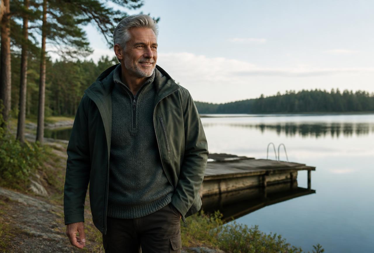 Finnish man walking by a lake after using UroVita Care Capsules for three months